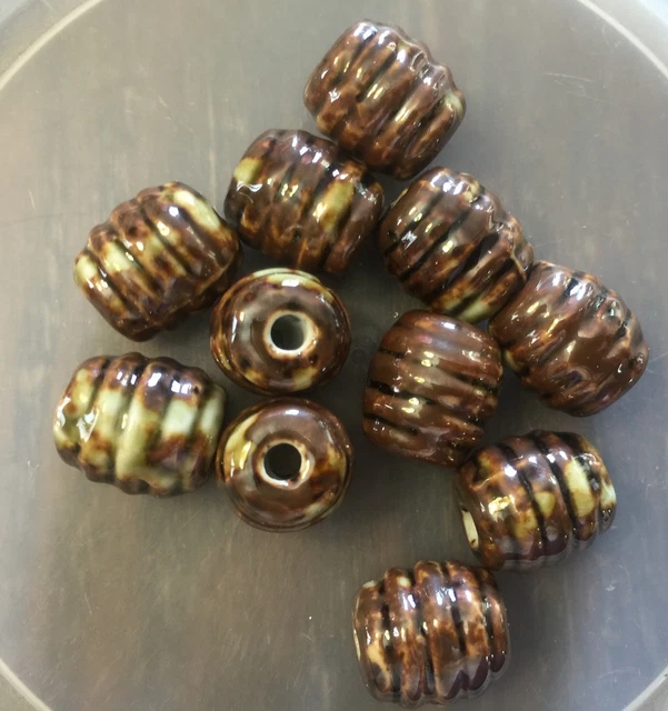 Vintage Rare Genuine Asian Earthy Brown Glazed Ceramic Tube Ribbed Bead Lot