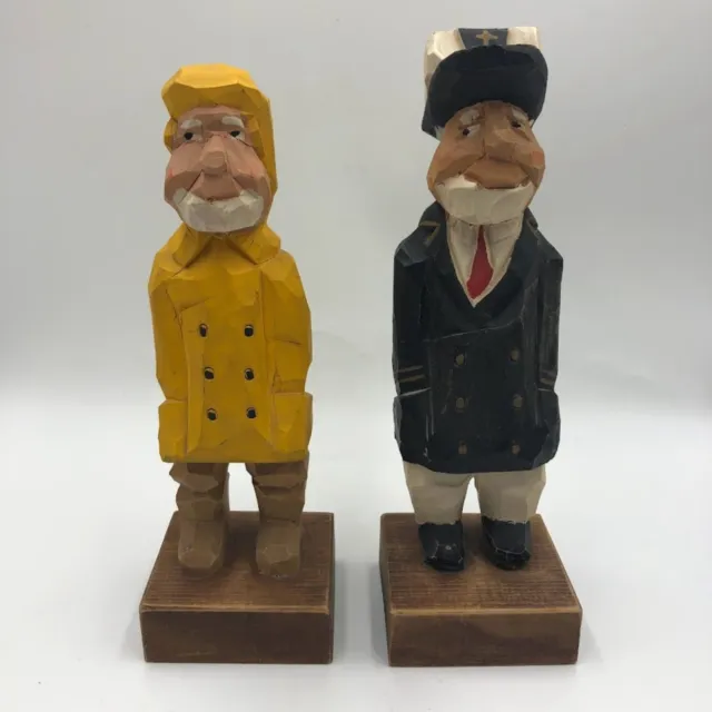 Vintage Pudge Hand Carved Wood Fisherman Figurines Set of 2 Sea Captain Nautical