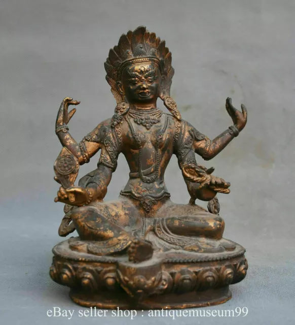 8.2" Old Tibet Temple Bronze Gilt 4 arms Chenrezig Buddha Avalokiteshvara Statue