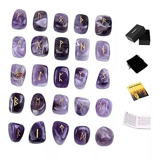 Rune Stones Set Engraved Pagan Lettering with Instruction Booklet and Amethyst