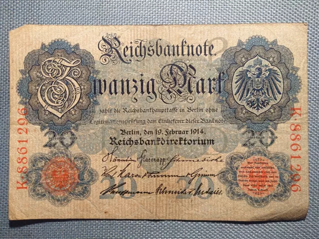 Old German Banknote Money Bill Twenty 20 Mark Berlin 19. February 1914 K8861296