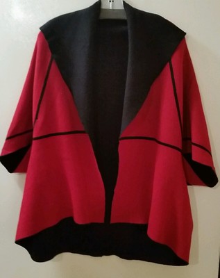 Patrizia Luca Reversible Black/Red Open Front Knit Poncho Cardigan