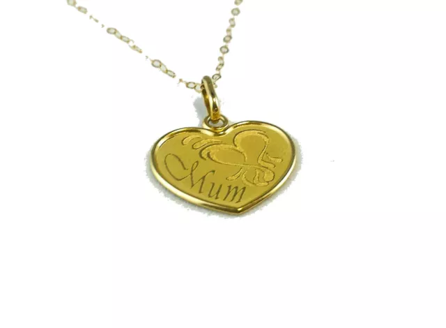 9ct Gold Solid Heart Mum Laser Engraved Pendant with chain made in Italy RRP£145