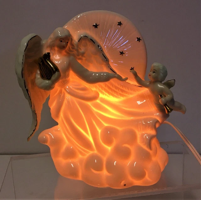 Vintage Lighted Guardian Angel with Cherub Night Light w/Switch