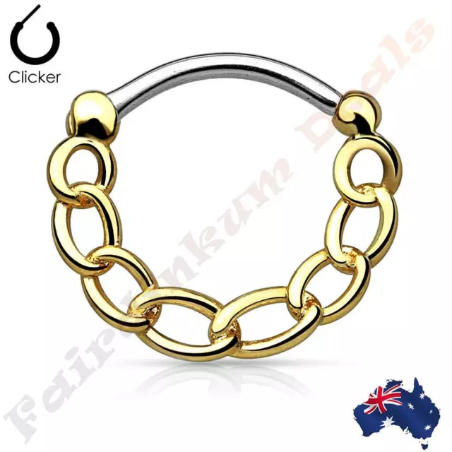 316L Surgical Steel Gold Ion Plated Round Septum Clicker with Linked Chain