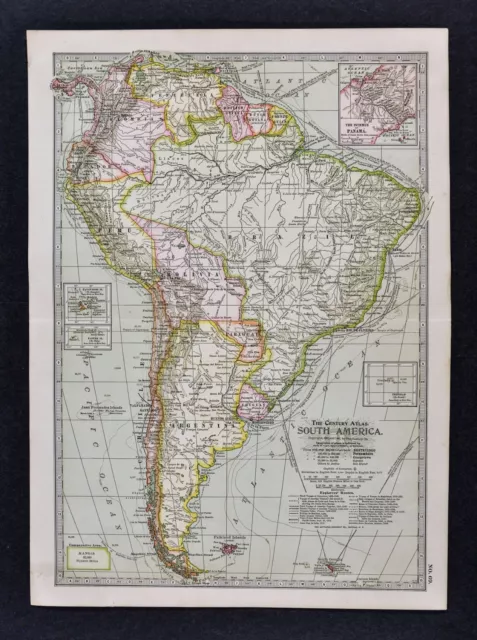 1902 Century Map - South America - Brazil Argentina Peru Chile Colombia Amazon