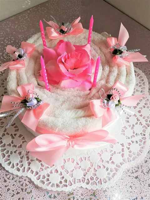 Geburtstagstorte Handtuchtorte schönes Geldgeschenk in rosa / weiß