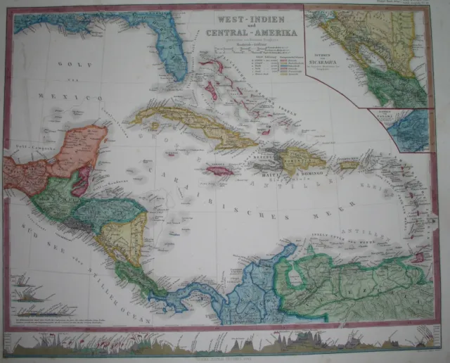 1865 Rare Original Map West Indies Caribbean Antilles Cuba Jamaica Florida