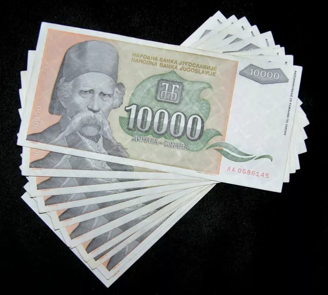 10 Pcs x Yugoslavia 10000 (10,000) Dinara Banknotes, 1993 P-129 / CIRCULATED