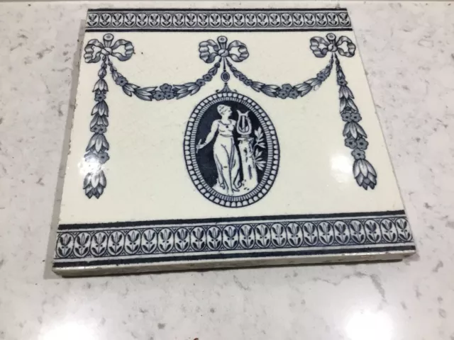 Wedgwood Late Victorian Blue+ White Classical Tile Lady Playing Lyre 6”x 6" 1890