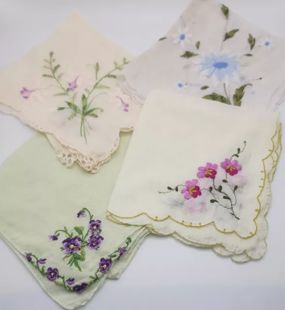 Vintage Embroidered Handkerchief Floral Lot 4 Hand Craft Sewing Art Needlepoint