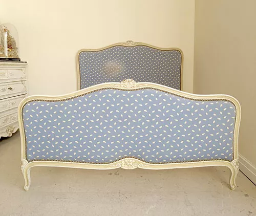 VINTAGE FRENCH UPHOLSTERED DOUBLE LOUIS XV BED - Blue and Cream Pattern