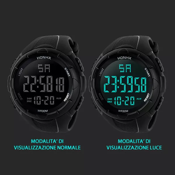 NERO OROLOGIO DIGITALE HONHX LIGHT MODE POLSO QUARZO DATA ORA ALLARME vr