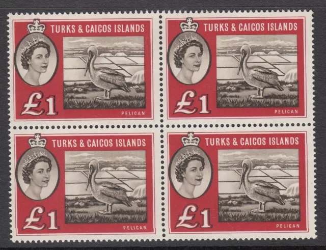 Turks & Caicos Islands: QE2 £1 Brown Pelican, Block of 4 (2 UMM), 1 Nov 1960