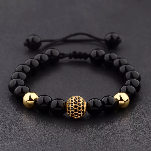 Natural Black Zircon Micro Pave Round Gold Beaded Macrame Adjustable Bracelets