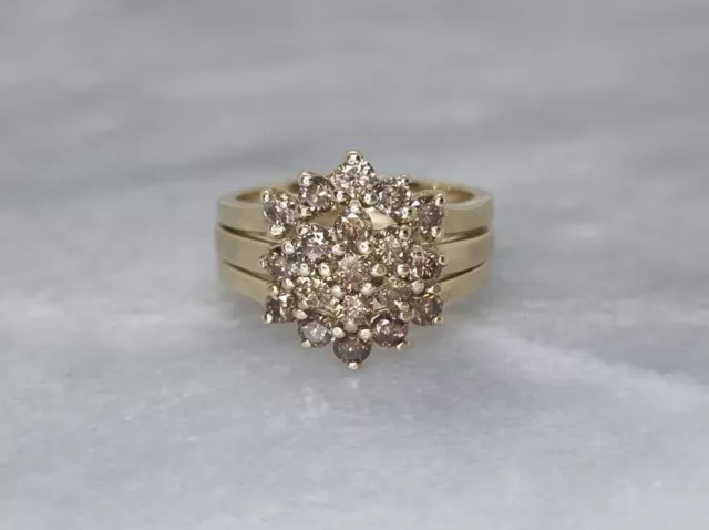Set Of Solid 9ct Yellow Gold Cluster Ring 0.60ct Round Champagne Diamond - K 1/2