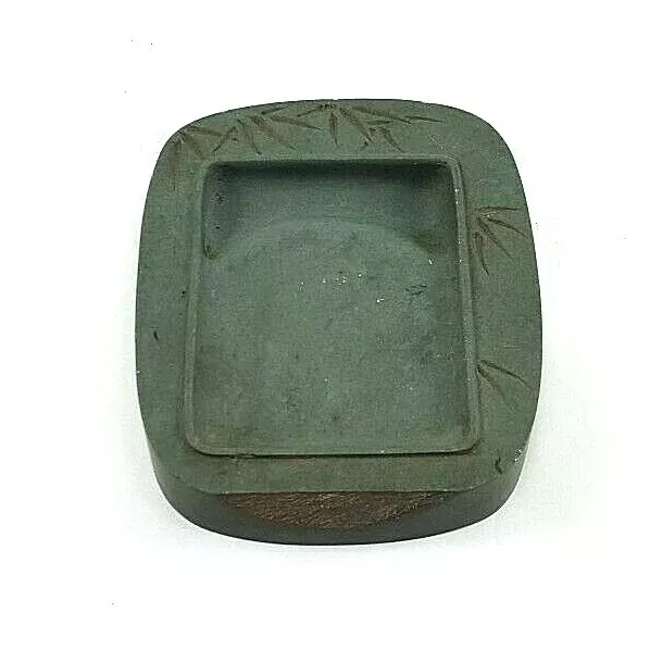 Vintage Chinese Scholar's Calligraphy Ink Stone Pale Green Slate Bamboo Motif