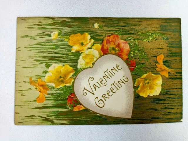 Vintage Postcard Valentine Greeting Heart Flowers Posted