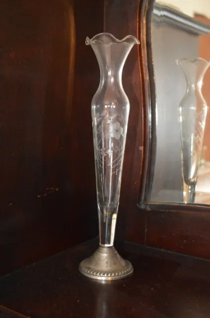 Vintage bud vase Duchin etched glass w/ sterling silver base 10" weighted