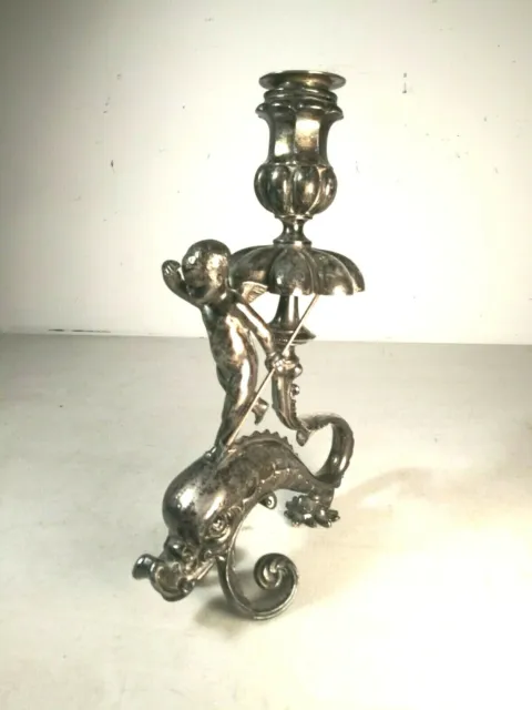 Meriden Silver Co. Silver Plate Cupid & Dolphin Candlestick C 1875