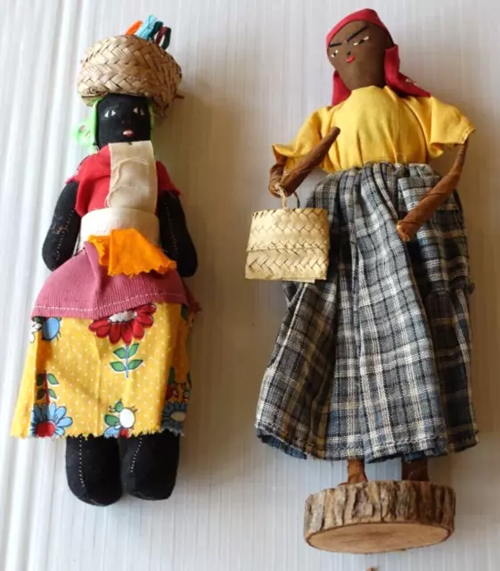 Lot of 2 Vintage Jamaican / Haitian Folk Art Dolls 10"  Handmade 1950's