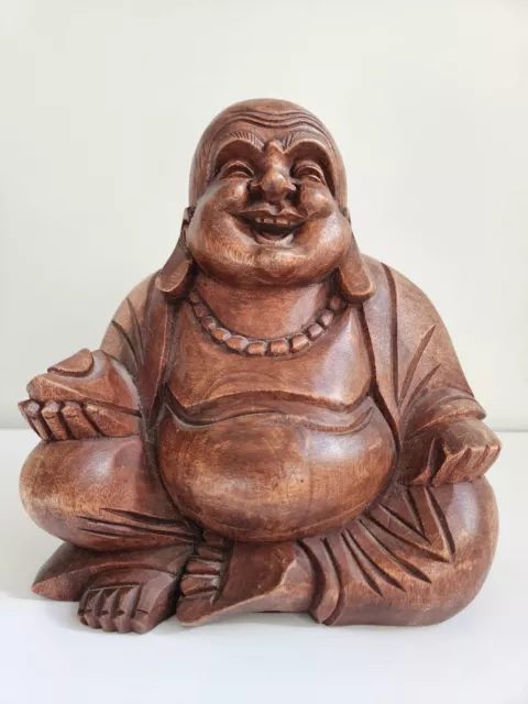 Hand Carved Happy Buddha Religious Sculpture Heavy Solid Wood Large Feng Shui