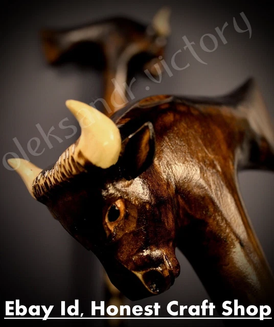 Hand Carved Wooden Bull Handle Walking Stick Walking Cane Animal Handmade Gift