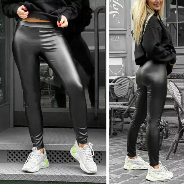 Sexy Damen Leggings Stretch Leggins Hose Leder-Optik Hohe Taille High-Waist