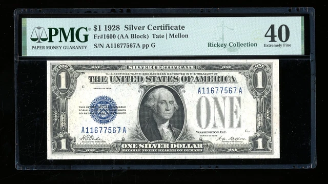 DBR 1928 $1 Silver Fr. 1600 AA Block PMG XF-40 Serial A11677567A