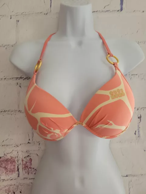 Tara Grinna Push Up Padded Plunge Bikini top only size 34 Underwire Peach Pink