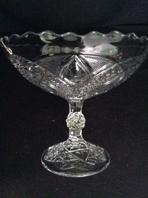 Vintage Clear American Brilliant Large 7 3/4”Compote Golf Ball Stem Sawtooth Rim