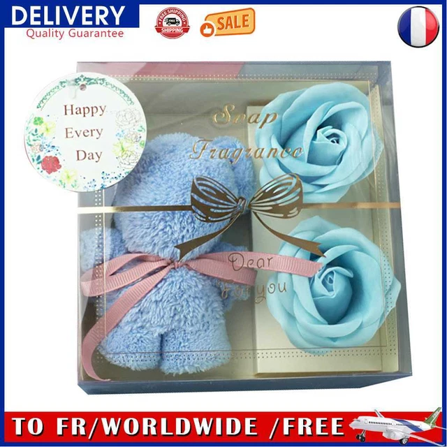 Coral Fleece Bear Towels Scented Soap Flowers with Clear Box Set (Blue)