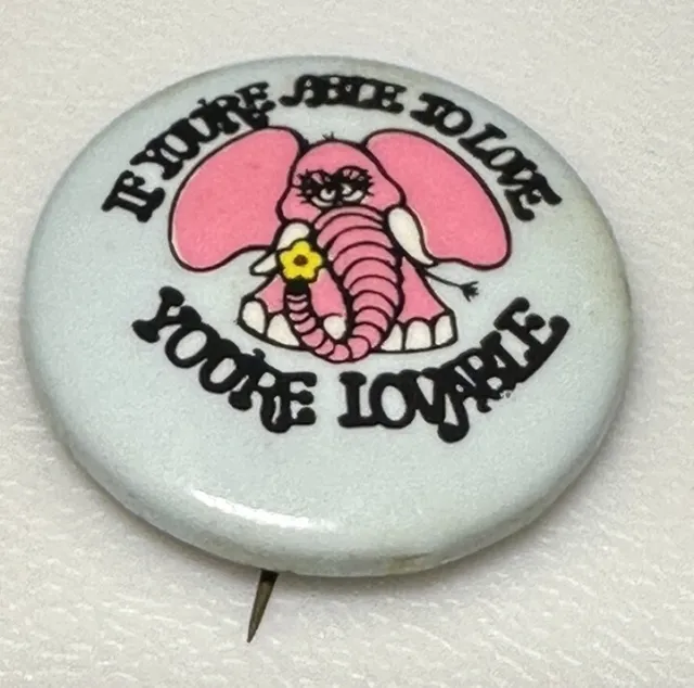 Vintage Love Relationships Lovable Dating Pink Elephant Pin Pinback Button