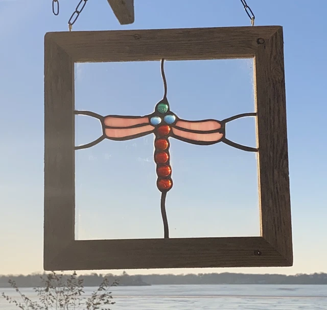 Framed Stained Glass Window Pink/Blue/Red Dragonfly Design
