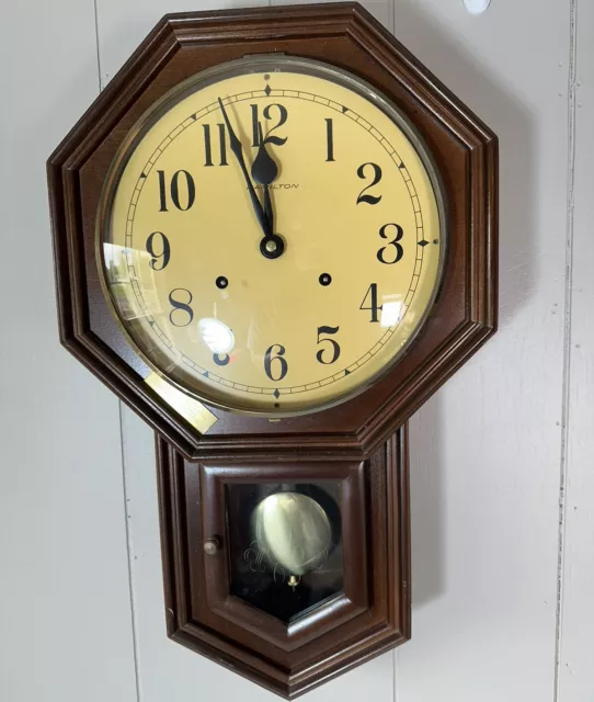 Hamilton Westminister Headmaster Wall Clock Working With Key Solid Wood Antique