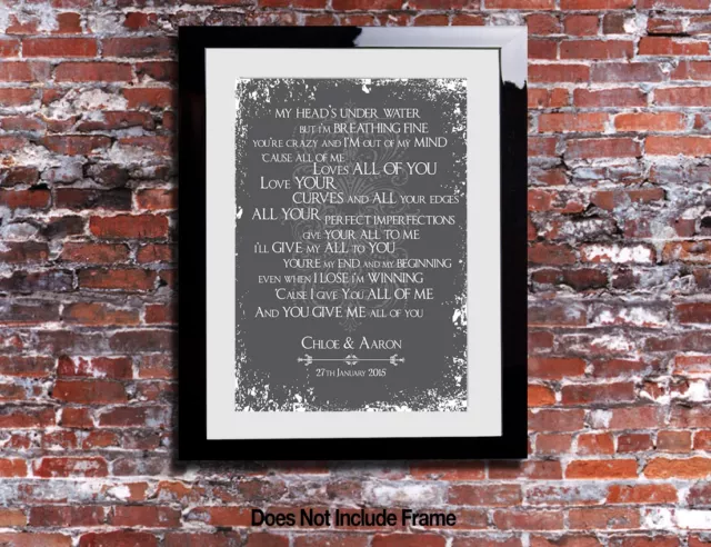 John Legend All Of Me Lyrics Print Anniversary Song Personalised Canvas Gift