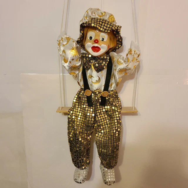 VINTAGE CLOWN Doll Porcelain Face on Swing, Soft Body