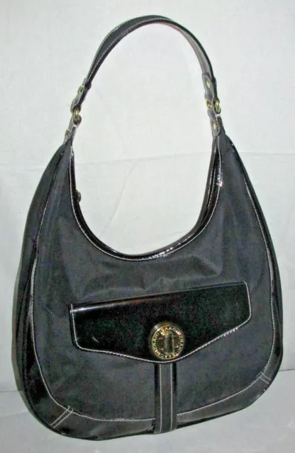 Isaac Mizrahi Black Nylon Patent Faux Leather Trim Purse Shoulder Bag Hobo Tote