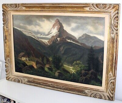 Cox Carved Gold Leaf Wood Frame Antique Swiss Alps Oil Painting 1917 Olive E 
