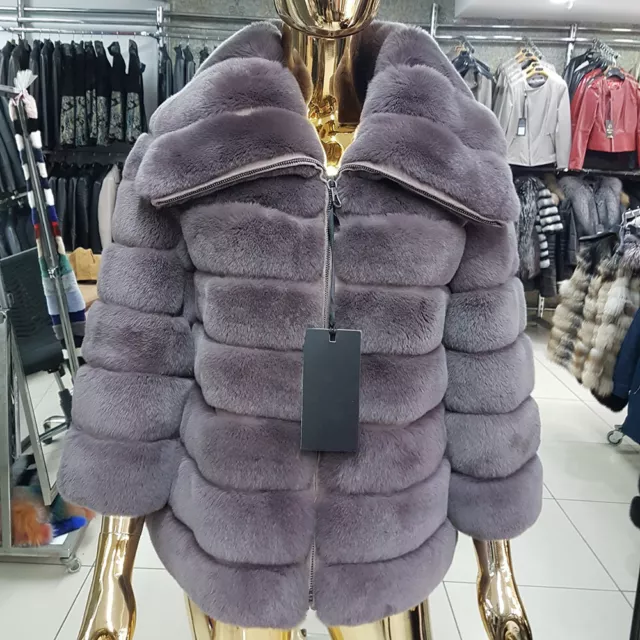 Women Real Rex Rabbit Fur Coat Genuine Fur Chinchilla Lapel Jacket Outwear Zip