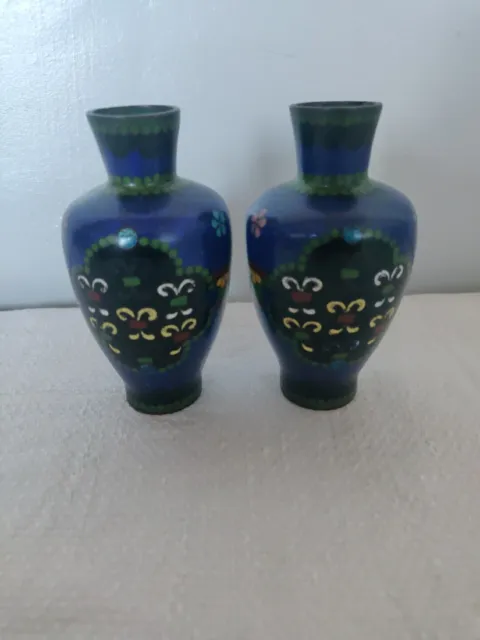 Fine Miniature Pair of Chinese Cloisonné Vases Blue Ground