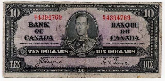 1937 Bank Of Canada Ten 10 Dollar Bank Note Et 4394769 Nice Bill Coyne