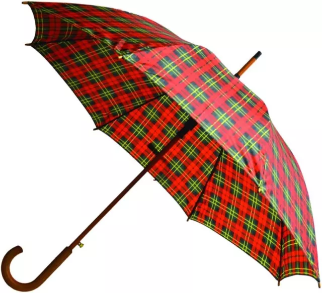 Classic Auto Open Umbrella with Real Wooden Hook Handle Red/Green Plaid 46"