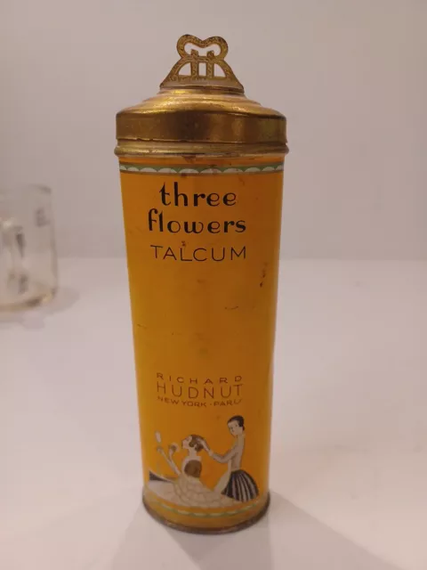Vintage Three Flowers Talc Talcum Powder Tin, Richard Hudnut, New York - Paris