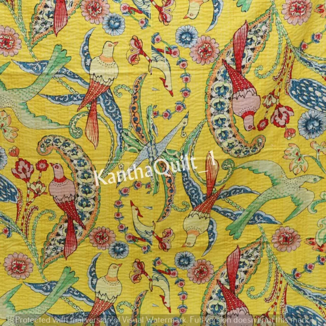 Indian Yellow Parrot Kantha Quilt Throw Reversible Bedspread Handmade Bedding