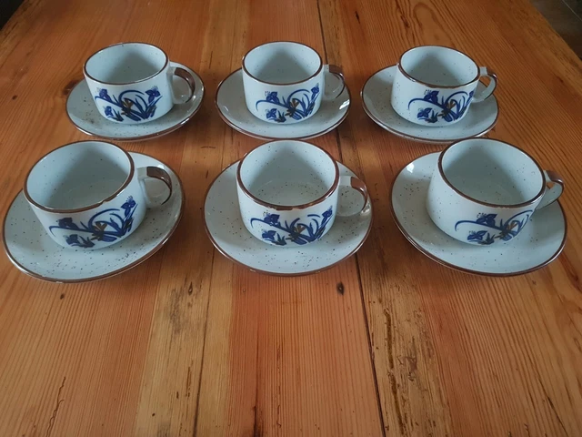 Lot 6 Grandes Tasses Et Grandes Soucoupes En Grès Décor Déposé Fleurs Vintage