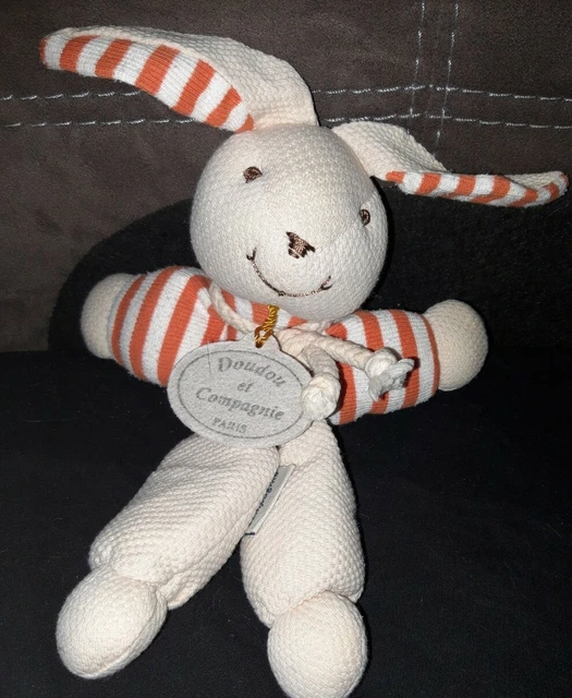 🌞🌞 Doudou et Compagnie Lapin Petit Doudou Bruit Hochet Rayé Orange Ecru