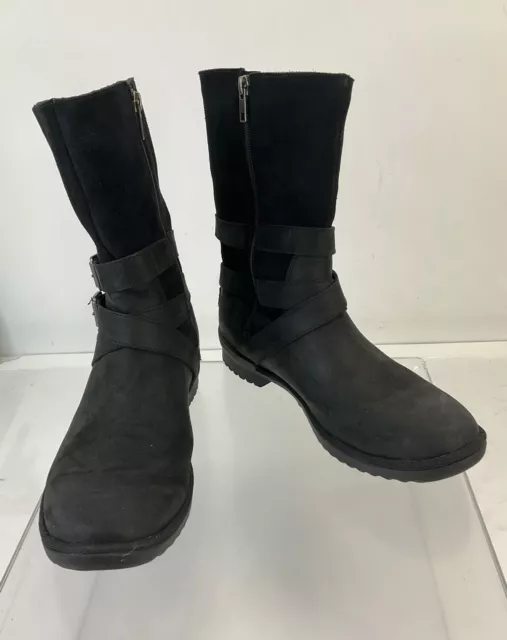 UGG Lorna Black Suede/Leather Buckle Accent Zip Waterproof Boots Size 9.5