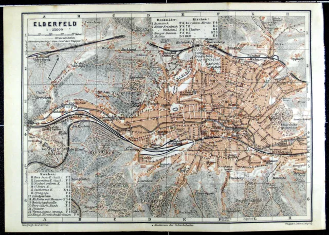 ELBERFELD + BARMEN (Wuppertal), alter farbiger Stadtplan, datiert 1911