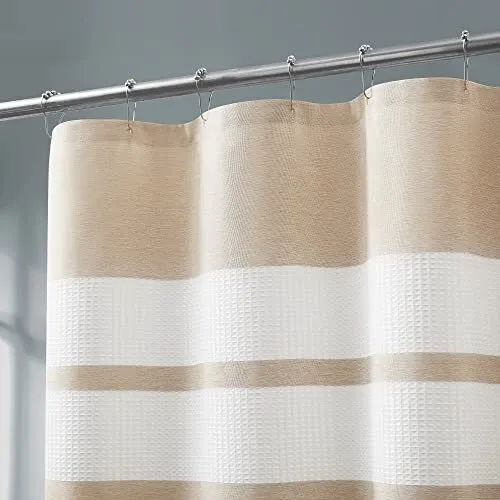 White Waffle Shower Curtain with Tan Fabric Stripes. Each Waffle Weave Shower...